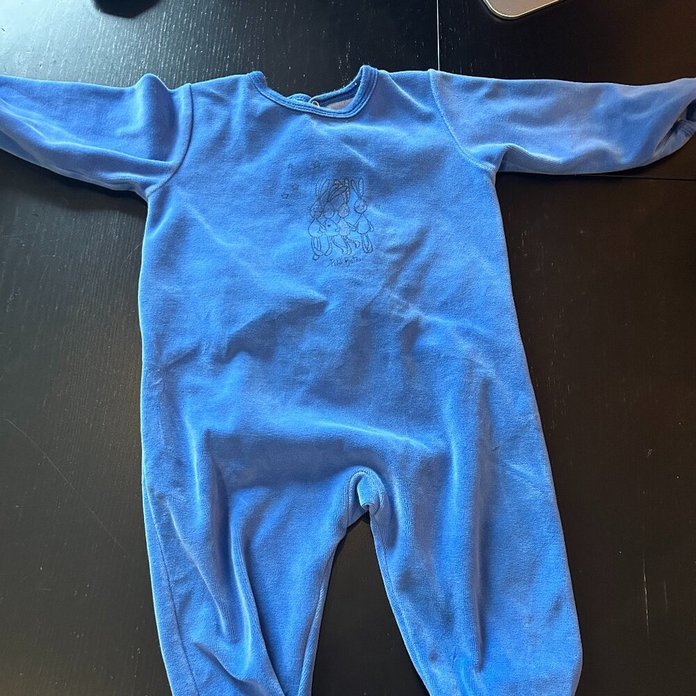 Petit Bateau Blue Velour Sleeper with Bunny Motif Size 18M